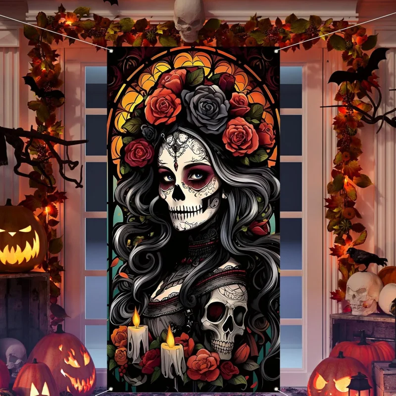 

1pc Day of The Dead 90x180cm Door Cover Dia De Los Muertos Backdrop Sugar Skull Rose Altar Mexican Fiesta Party Decorations