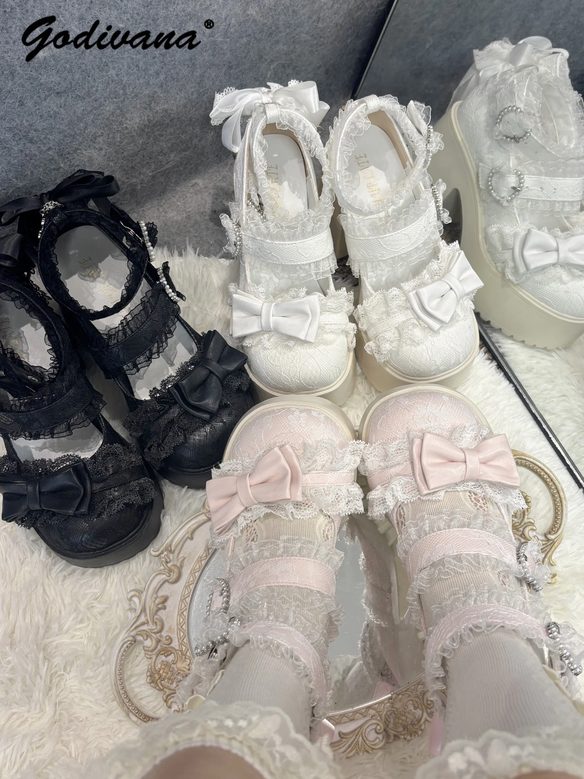 Original Lolita Shoes Girl Female Japanese Mine Series Subculture Platform Muffin Shoes Sweet Lace Bow Mary Jane Shoes Pumps