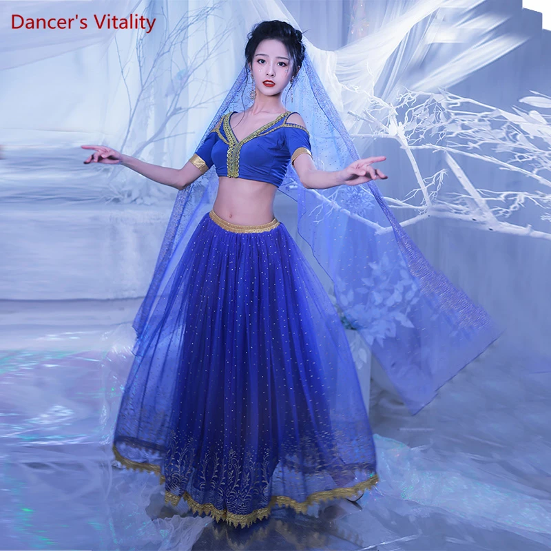 

Cosplay Jasmine Princess Adult Girls' Top+skirt+veil 3pcs Dance Costume Halloween Cos Costume Belly Dance Performance Set