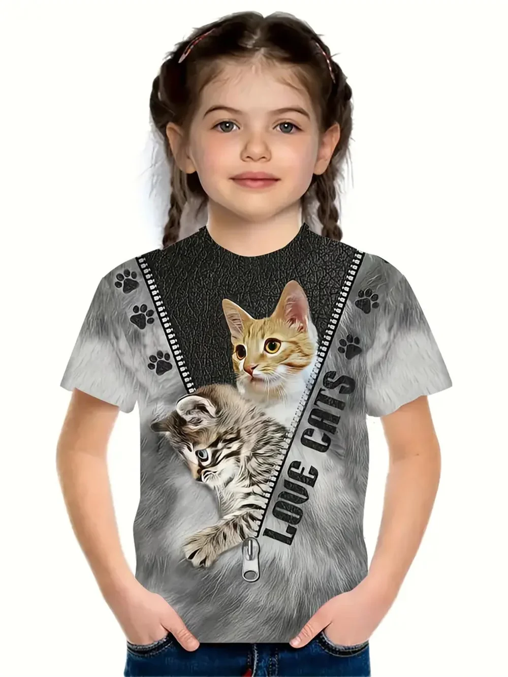 Ropa para niñas con estampado 3d de gatos y animales de dibujos animados, camisetas informales de moda, camisetas divertidas para niñas, Top de manga corta de verano 2025