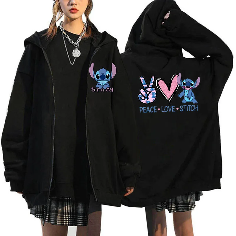 Felpe con zip da donna Disney Role Play Felpa con stampa grafica Lilo & Stitch Capispalla invernale Ragazze Studenti Abbigliamento universitario Top