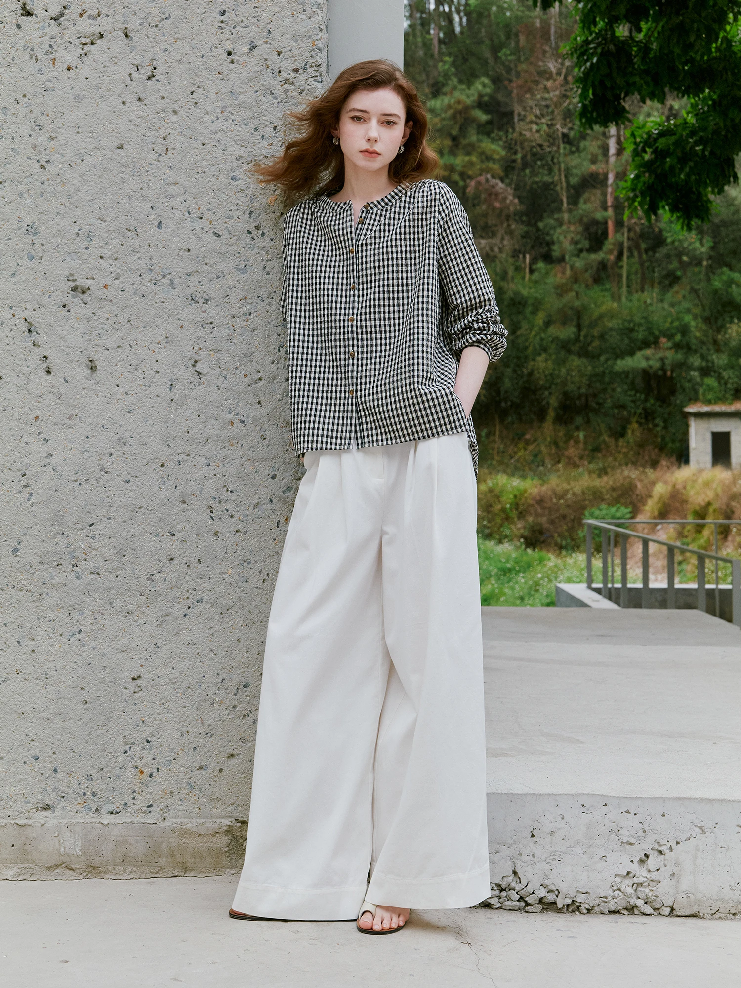 

Artistic Style Bubble Cotton Plaid Shirt Wide Leg Pants Loose Fit Comfortable Breathable Cotton Long Sleeve round Neck Women'...