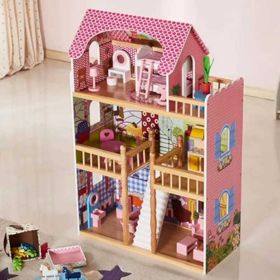 

Pink Doll House for Ages 3+: 3-Story Wooden Toy House with Large Balcony, Stairs 14-Piece Furniture Set, Easy Assembly Birthday
