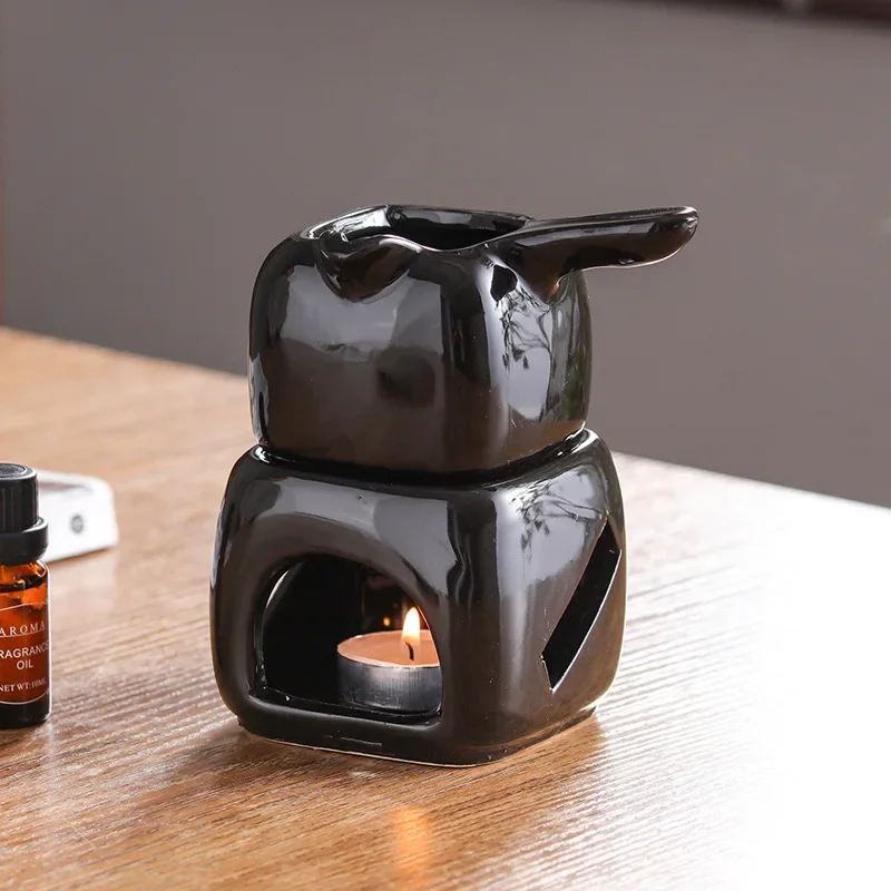 2 in 1 Black 150ml Essential Oil Lamp Home Aromatherapy Furnace Ceramic Candle Heating Incense Burner for Home Decor Ornaments