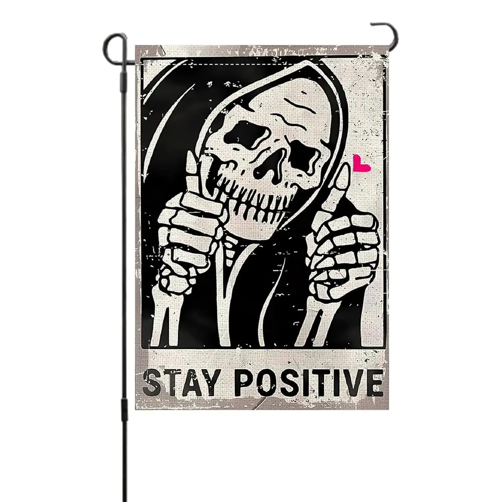 Halloween-vlag Blijf positief Skeletschedel 45x30cm, Tuinbanner Ornamenten Huis Terras Polyester Buitendecoratie