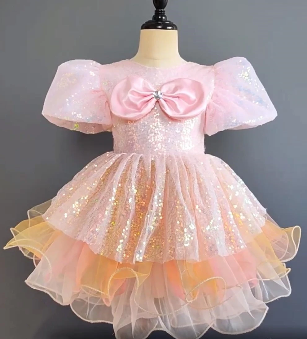 Kids Ballroom Clothing Sequined Modern Dance Tutu Dress Girls Bubble Sleeve Children Performance Dance Costumes Princess Dress