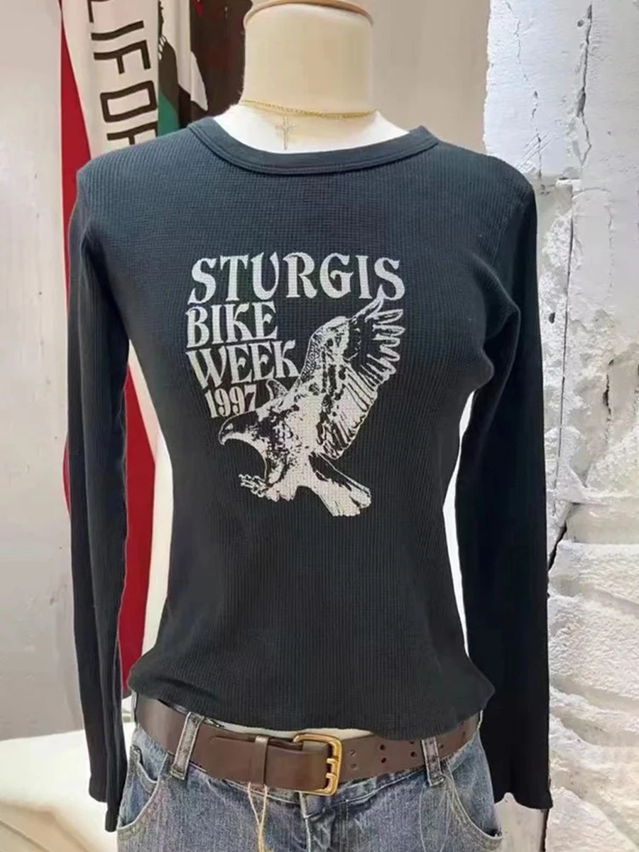 

New Letter Print O-neck Long Sleeve Tees Women Spring Casual Harajuku Cotton Slim T Shirt Top Vintage Preppy Style T-shirts Y2K