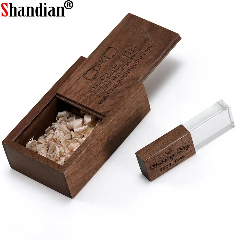 SHANDIAN Kristall Holz USB 2.0 Flash Drive Pen Drive U Disk Memory Stick Pendrive 8GB 16GB 32GB 64GB Hochzeitsgeschenk Thumb Drive