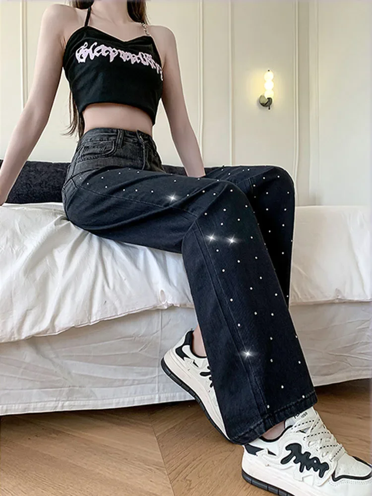 Trendy Fashion Women\'s Diamonds Gradient Straight Jeans 2024 Summer New Items High Waist Pockets Denim Pants Female