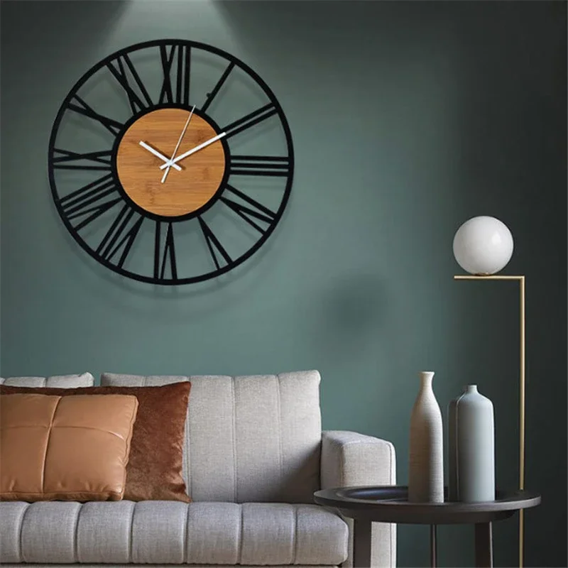 60cm Large Wall Clock XL Industrial Metal Wooden Clock Vintage Living Room Clock Silent Quartz Movement without Ticking Noises