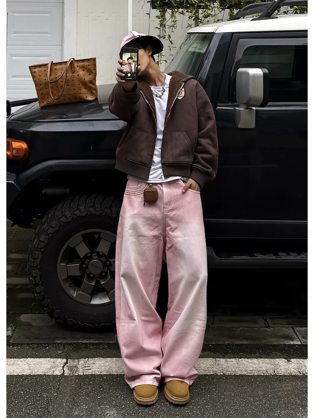 

Men's Vintage Washed Wide Leg Jeans Pink Gradient Fall Season American Style Clean Fit Bootcut Pants Casual Loose Fit Jeans