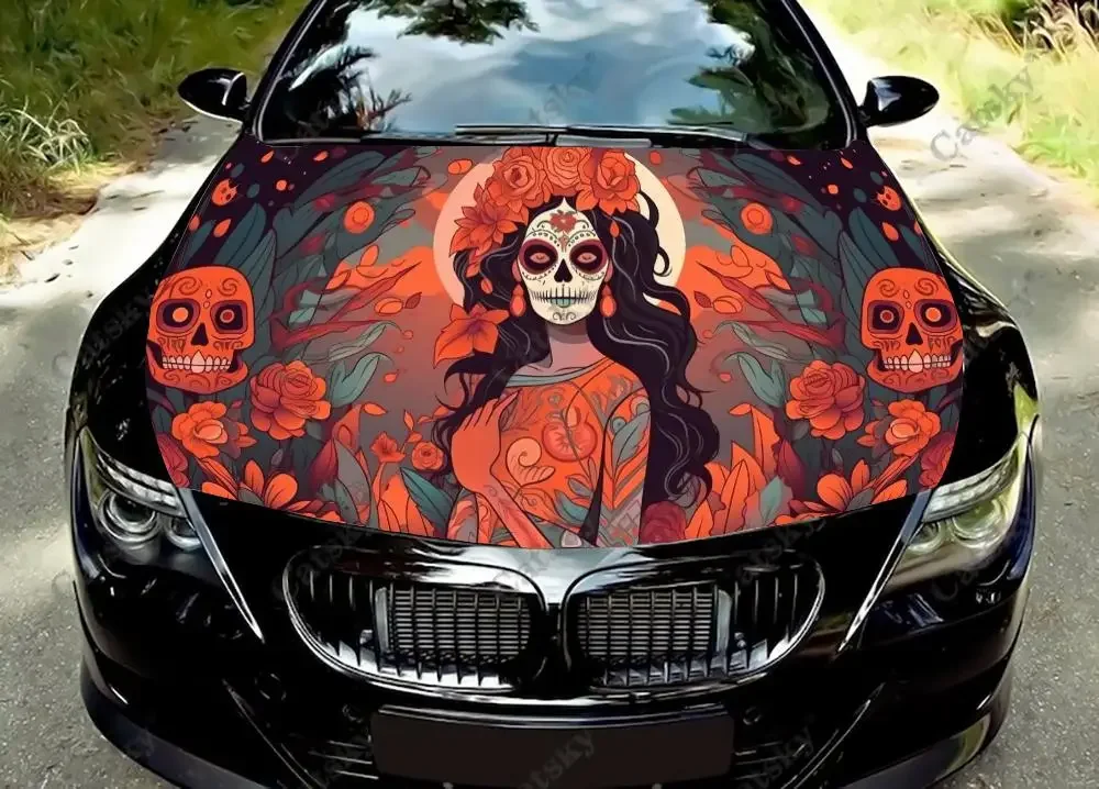 

Mexican Sugar Skull Girl Car Hood Vinyl Stickers Wrap Vinyl Film Engine Cover Decals Sticker on Car Auto Accessories