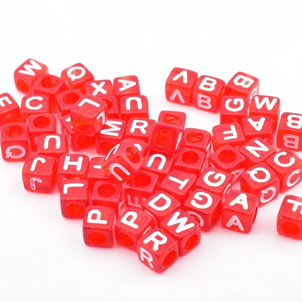 50pcs/lot 6*6*3mm DIY Acrylic letter beads Square red background white letter bead for jewelry making