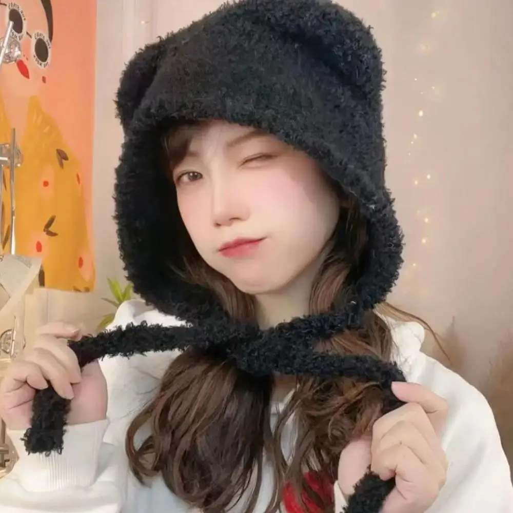 Inverno quente gorros de pelúcia bonito macio urso orelha chapéu rendas-up proteção de orelha slouchy gorro earflap crochê gorro para meninas fracasas