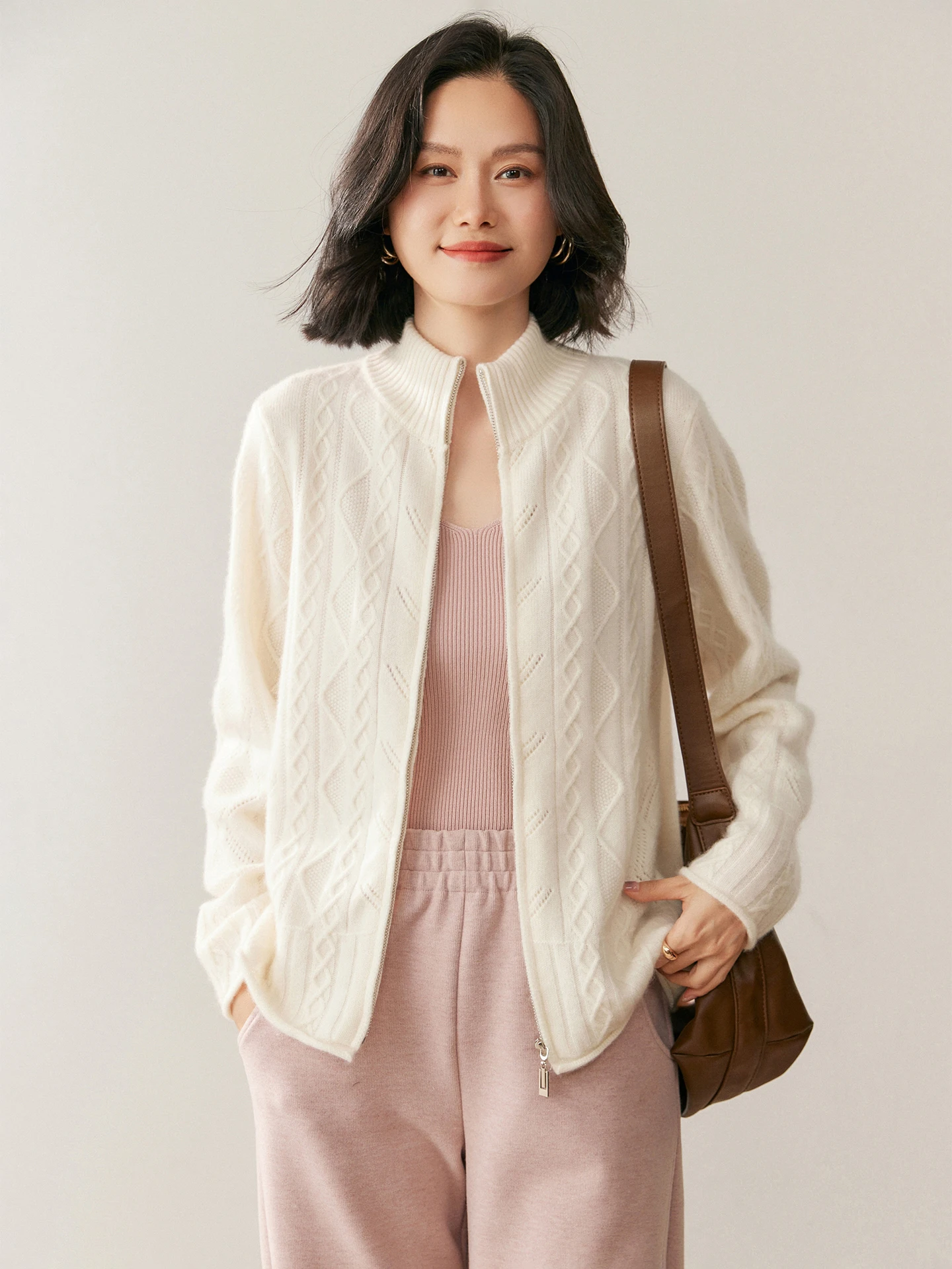 Women 100% Cashmere Zip-Up Cardigan Mock-Neck Knitted Sweater Diamond Pattern Knit Loose Long-Sleeve Autumn Winter Casual Tops