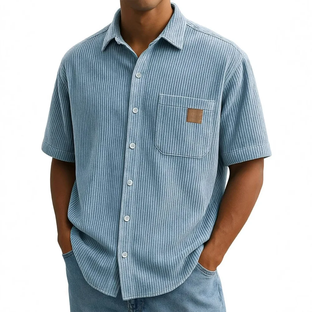 

Men's Summer Shirts Elegant Shirt Luxury Clothes Man Retro Corduroy Short Sleeve Shirt Casual Fashion Logo Patch 2025