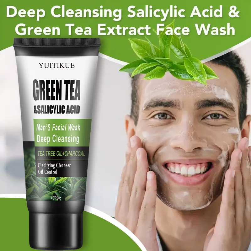 YUITIKUE Lavado facial para hombres, té verde y ácido salicílico, aceite de árbol de té y carbón, control de aceite antiacné, limpieza profunda, 60 g