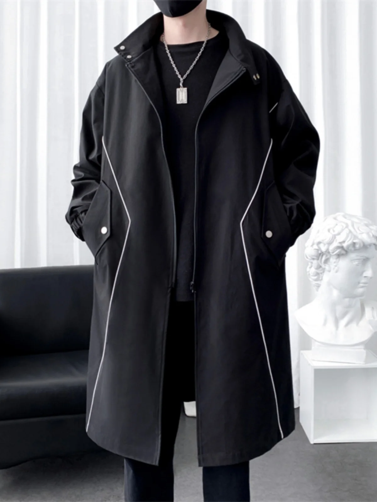 

Мужское пальто Jaet Long 2024, повседневное пальто Haome длиной до колена, ветровка, молодежное модное пальто цвета хаки, декор на молнии