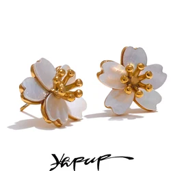 Yhpup High Quality Natural Shell Flower Golden Daily Stud Earrings for Women Prevent Allergy Stainless Steel Exquisite Jewelry