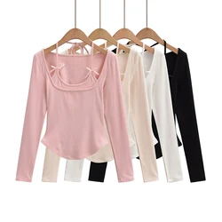 Sexy long sleeve top white korean fashion halter top cropped fake 2 pieces Fall outfits women t shirts crop top pink bow tie