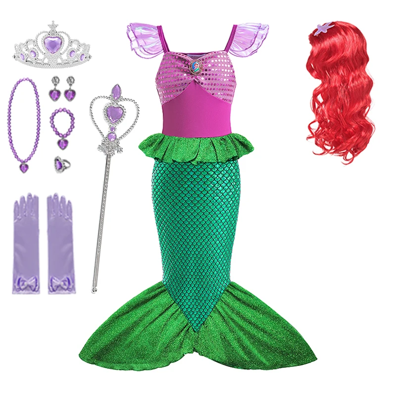 Disney Girls Little Mermaid Princess Dress Children Mermaid Ariel Cosplay Costume Halloween Carnival Birthday Party Clothings