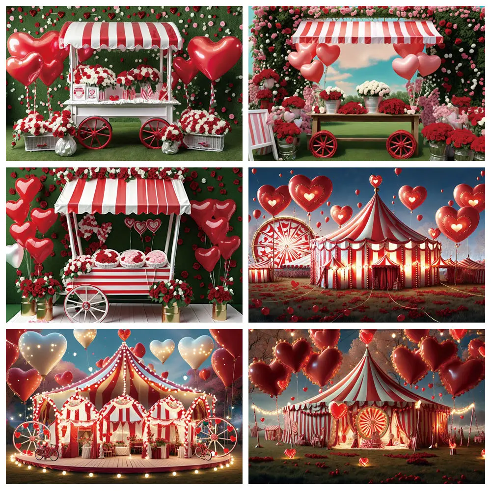 

MOON.QG Valentine's Day Circus Photography Backdrop Red Balloon Cart Heart Anniversary Background Couple Portrait Studio Props