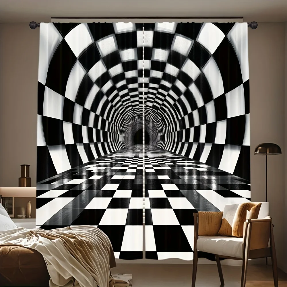 2 Panels 3D Optical Illusion Checkerboard Curtains Black White Tunnel Print Polyester Drapes for Living Room Bedroom Decor