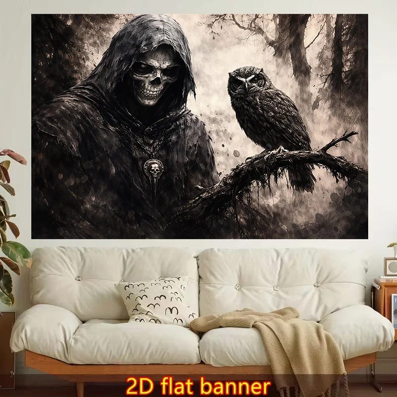 1pc Stylish 2D Flat Printed Wall Tapestry Featuring Grim Reaper, Owl, and Dark Forest Motifs. Vibrant Aesthetic Design, Ideal for Bedroom Decor, Living Room, Office