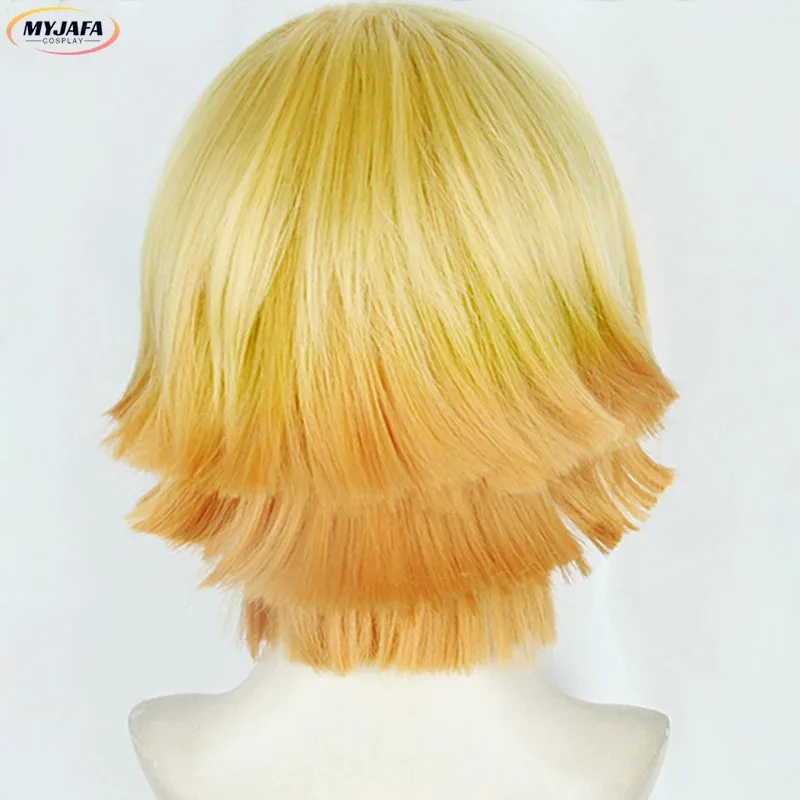 Peluca de Cosplay CyAnime Zenitsu Agatsuma, pelucas de disfraz de pelo corto dorado resistente al calor + gorro de peluca