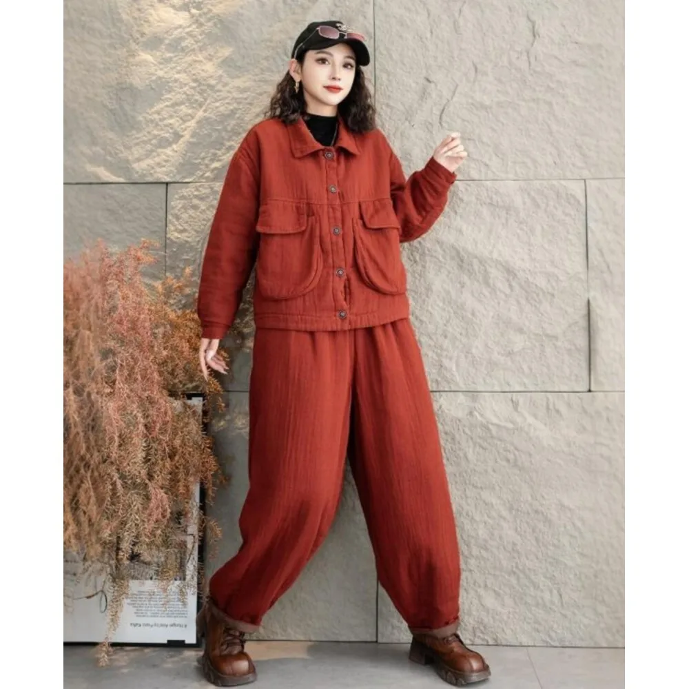 Winter Solid Color Cotton Linen Large Pocket Cotton Jacket + Elastic Waist Wide Legs Cotton Pant Two Piece Set Women ZF341