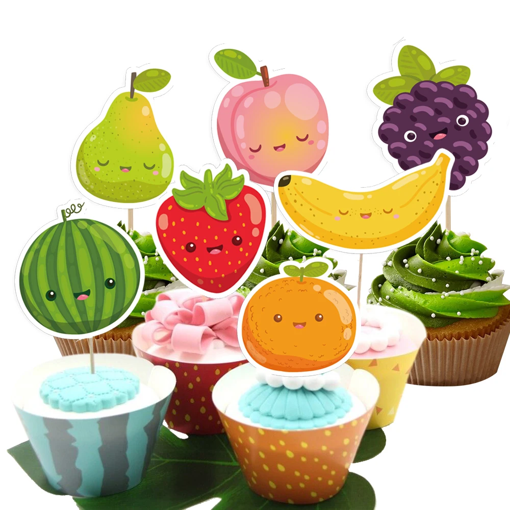 24pcs Fruits Cake Topper Strawberry Watermelon Smiling Face Cupcake Toppers for Kids Summer Fruits Birthday Party Decorations