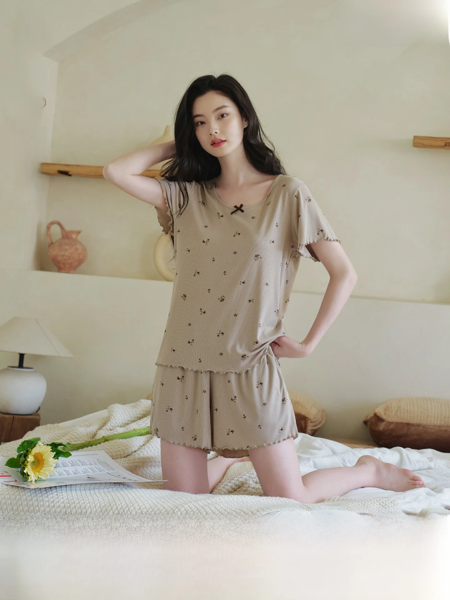 pyjama-d'ete-pour-femmes-darley-manches-courtes-col-rond-vetements-de-maison-collants-fins-imprime-floral-confortable-respirant-decontracte