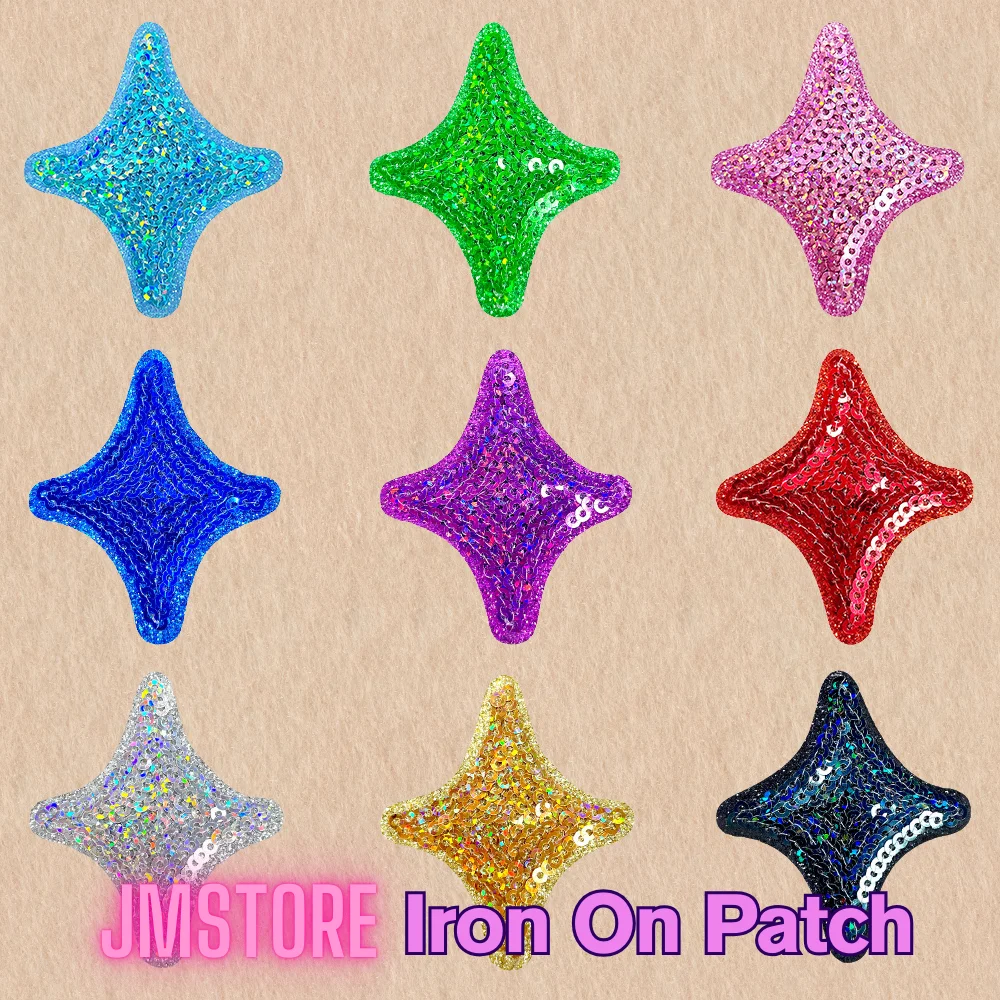 5pcs Colorful Rhombus Shaped Four Pointed Star Sequin Stickers Iron on 3D Small Emblem Embroidered Patches for T-shirts Hats Bag