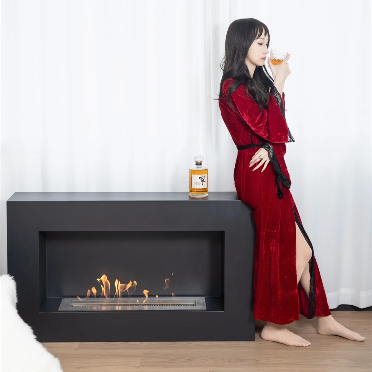 Freestanding Ethanol Fireplace, Steel 420x420x1200mm Floor Standing Fireplace, Modern Indoor Decorative Heating for Living Room