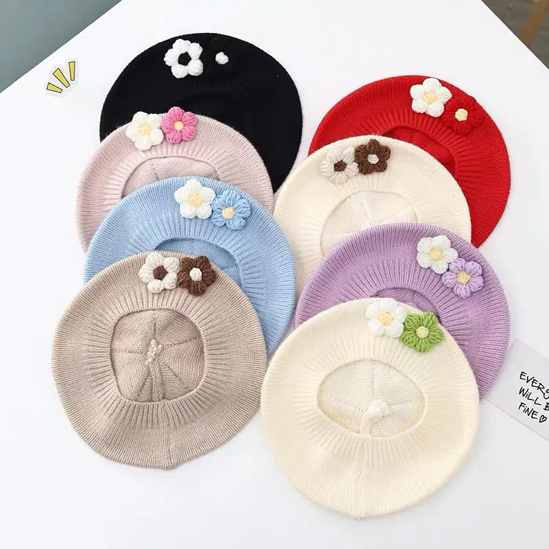 Winter Spring Knitted Warm Baby Hat Vintage Solid Color Flower Beret Hats For Kids Girls Korean Casual Child Artist Painter Cap