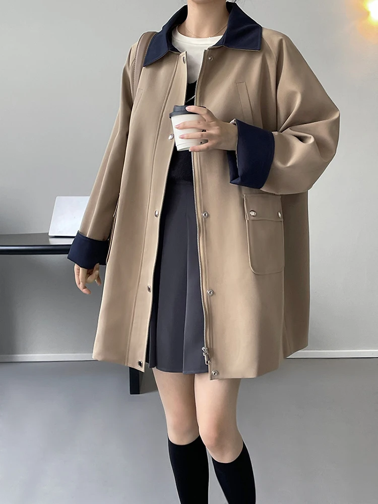 [EAM] Women Khaki Color-block Big Size Trench New Lapel Long Sleeve Loose Fit Windbreaker Fashion Spring Autumn 2024 1DF1556