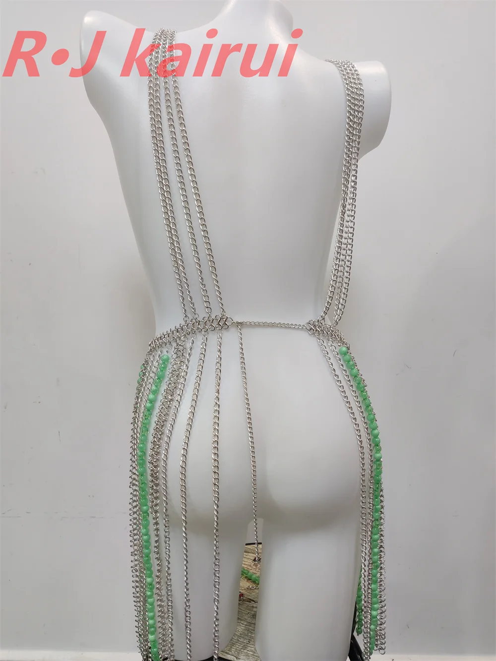 RJ New Style Fashion Women Silver Chains Green Beads Unique Harness Dressing Chains Layers Body Chains Jewelry