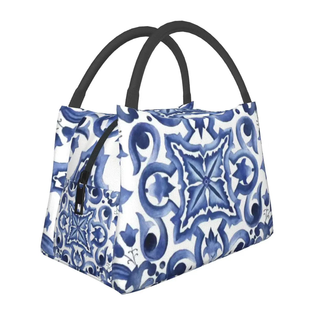 Bolsas de almuerzo de azulejo siciliano Mediterráneo Floral adornado azul, bolso de almuerzo portátil con aislamiento Bento Box para mujer, escuela para niños