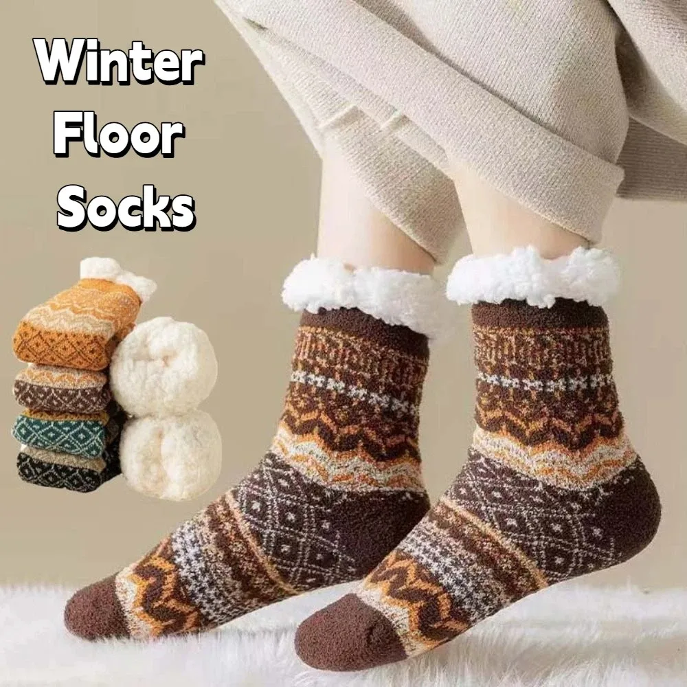 

Floor Socks Patchwork Fleece Socks Women Anti Slip Ethnic Style Thicken Velvet Socks Hosiery Mid Tube Sleeping Socks Home