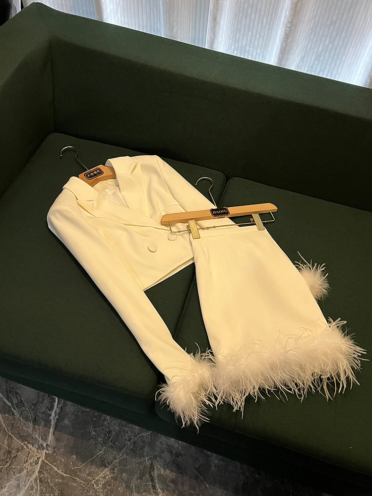 

Осень-зима 2022, женский костюм Celebri Faion High ade со страусиными перьями, комплект orts Ele Busin Lady D37