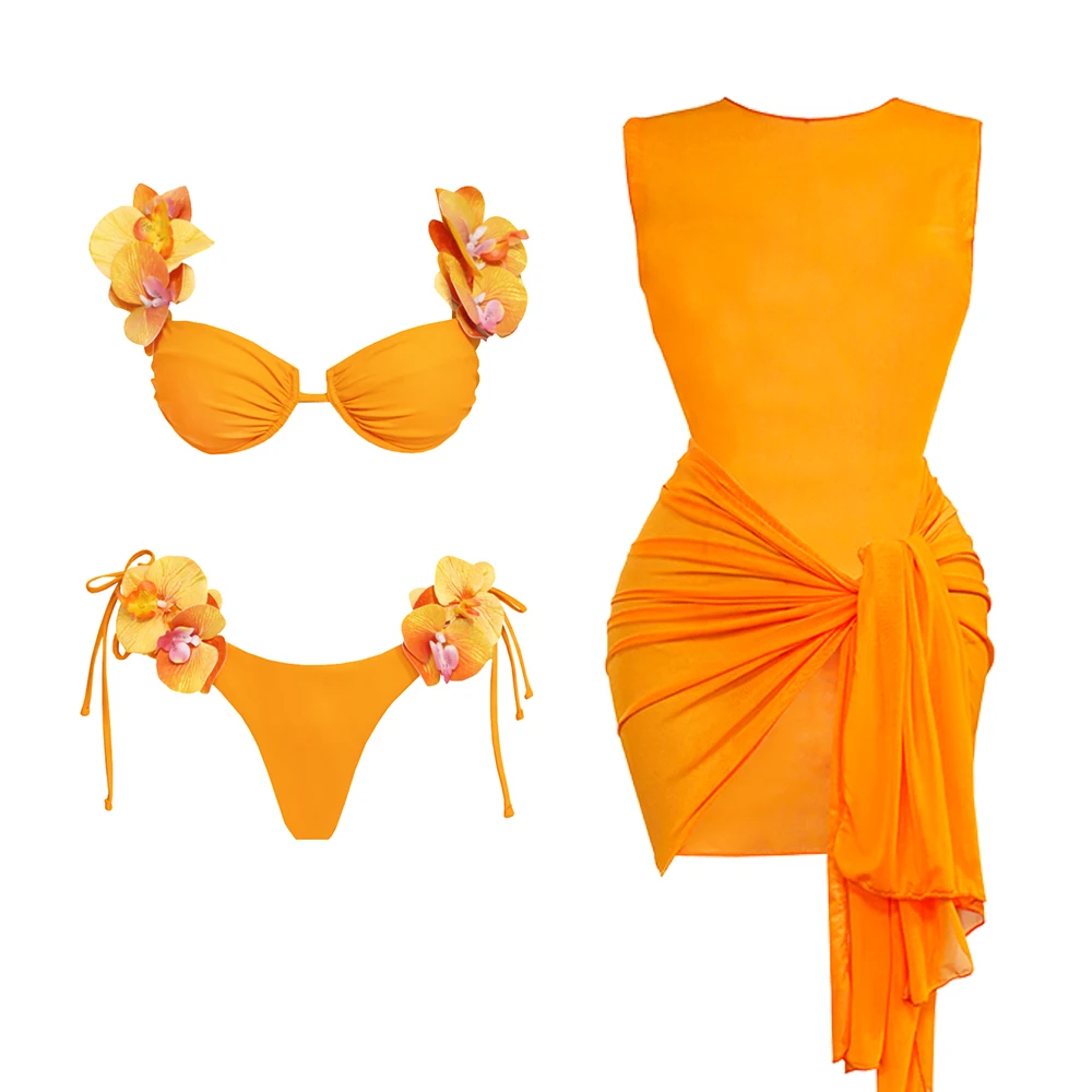 Flower Bikini With Skirt Set Sexy Women 3Pcs Swimsuit Push Up Swimwear Female Bandeau Biquini Bathing Suit Bodysuit Beachwear