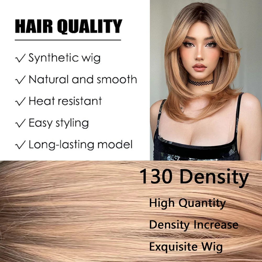 LOUIS FERRE Ombre Blonde Layered Synthetic Wig Straight Medium Length Brown Wig With Bangs for Women Cosplay Natural Hair Wig