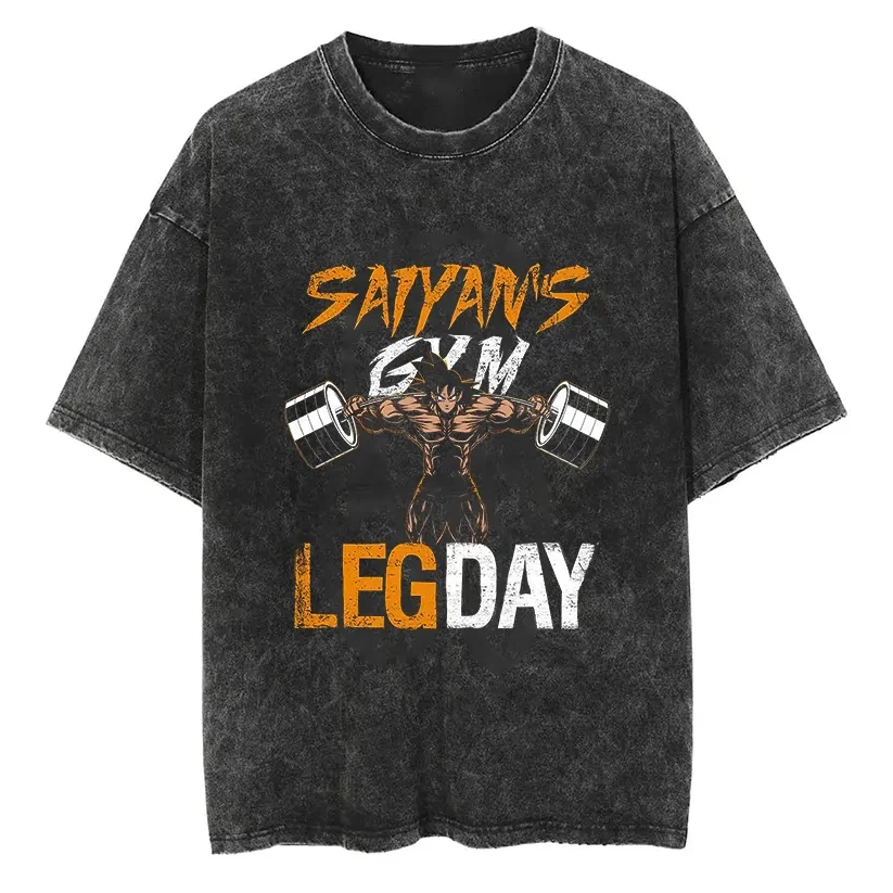 

Футболка Saiyan Gym Leg Day с Гоку для бодибилдинга и фитнеса, мужская, винтажная, с эффектом кислотной стирки, оверсайз, хлопковая, для тренировок, с графическим аниме-принтом