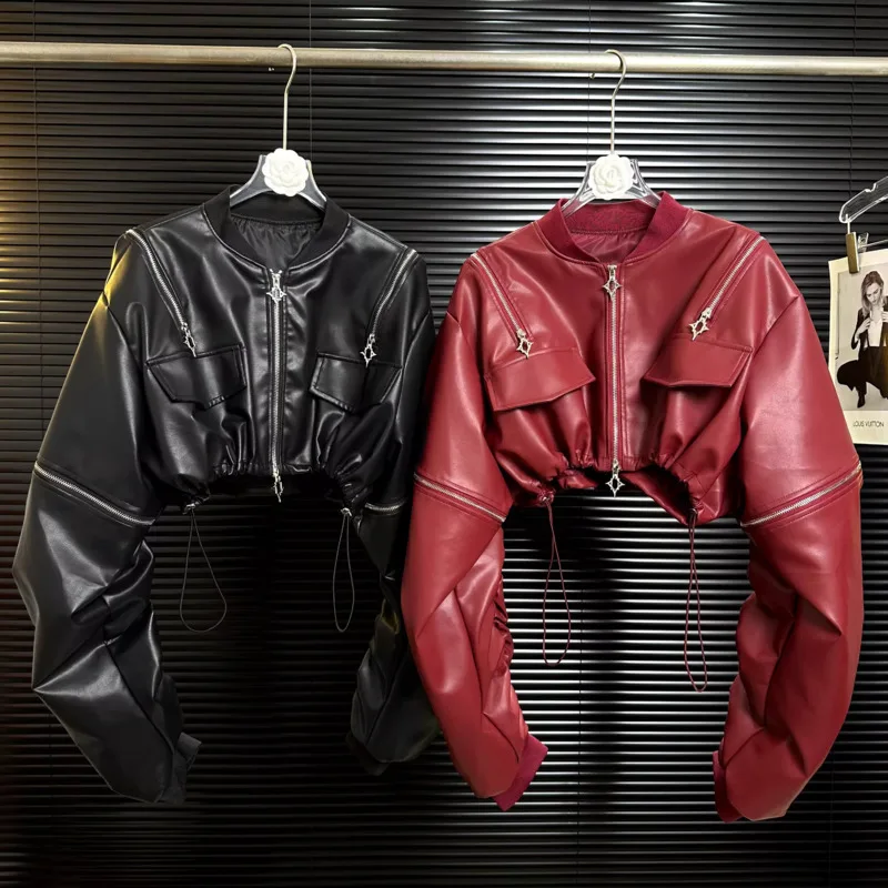 HKSH Herbst Neue Frauen PU Leder Jacke Stehkragen Langarm Plissee Zipper Streetwear Punk Techwear Chic Kurzen Mantel HK10136