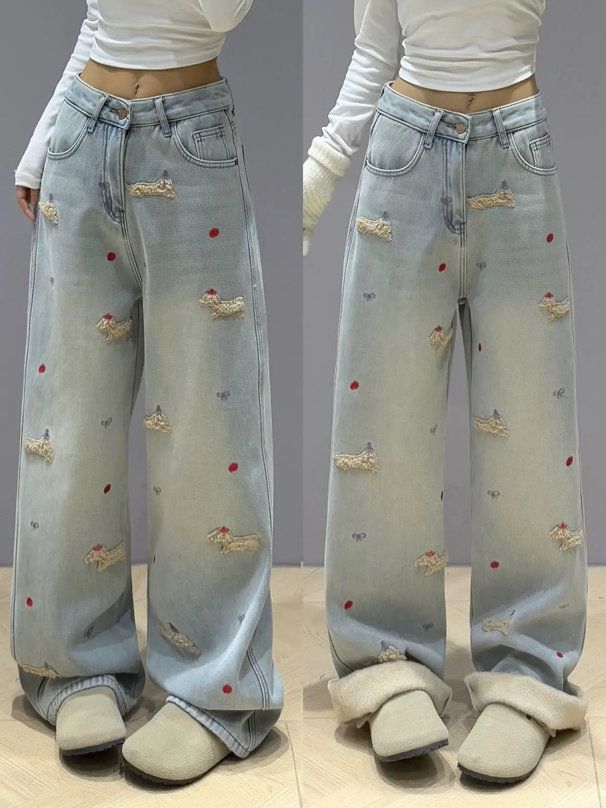 

Christmas Puppy Jeans Women's Winter New Light-colored Wide-leg Pants Piled and Thickened