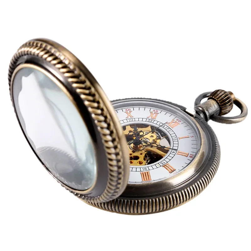 Bronze Transparent Cover Skeleton Handwinding Mechanical Pocket Watch for Men Women Roman Number Dial Pendant Chain Gift