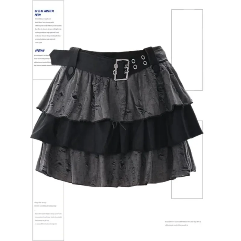 

Japanese Hole All-match Black Gray Skirts Y2k High Waist Ruched Cake Skirts 2025 Summer New A-line Faldas Sexy Mujer