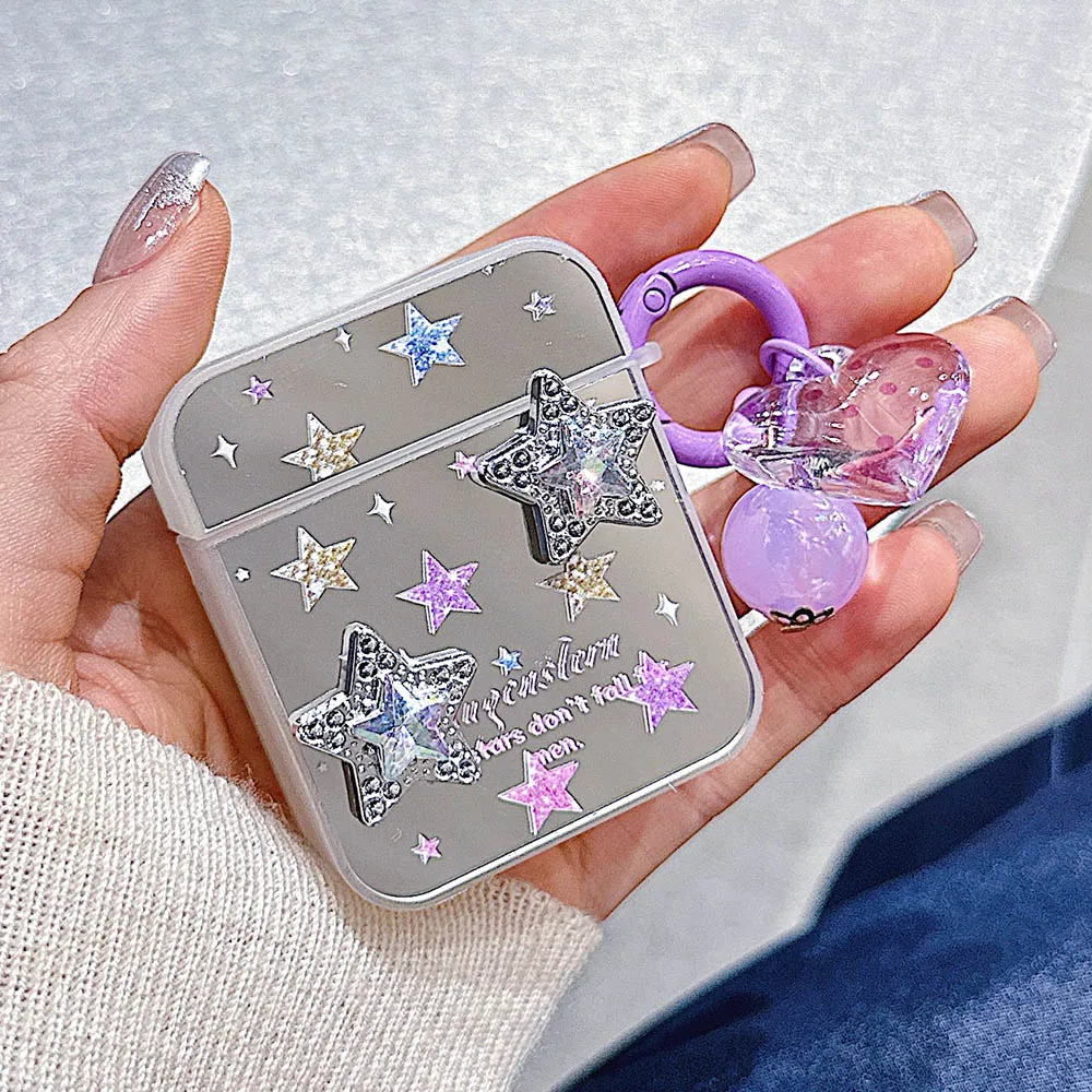 Korean 3D Stars Mirror Headphones Case For AirPods 1 2 3 Colorful Bow With Love Heart Pendant Ornament For AirPods Pro 2 Cover