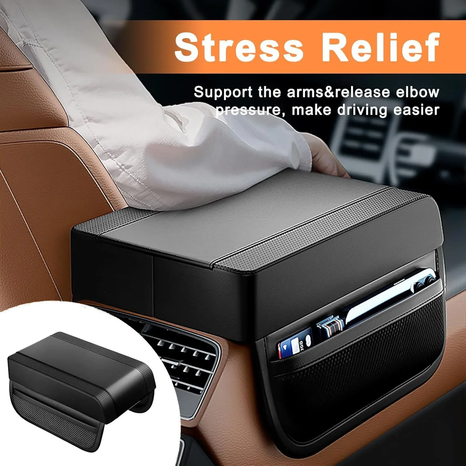 

Car Armrest Box Height Pad Universal Leather Armrest Cushion with Pocket Central Memory Cotton Elbow Support Armrest Storage