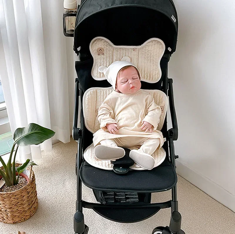 Baby Stroller Liner Car Seat Cushion Cotton Mattress Embroidery Bear Diaper Changing Pad Mat Newborn Carriages Pram Accessories